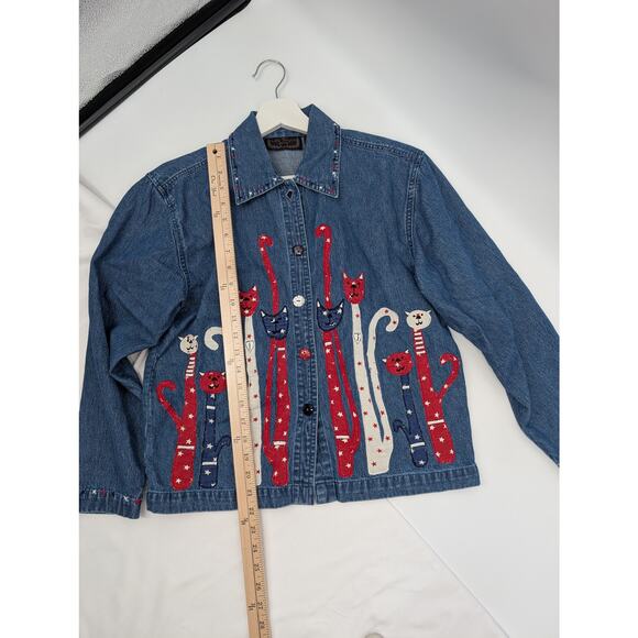Vintage Life Style Cat Chambray Button Down USA Embroidered Women's PP - Picture 7 of 8